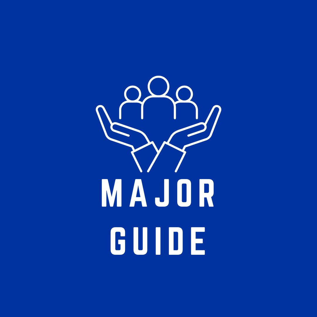 blue logo for social work major, image is a drawing of hands holding up group of people above text that reads "major guide"